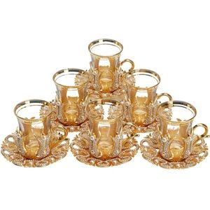 (Set of 6) Turkish Tea Glasses Set with Saucers Holders Spoons, with Swa…